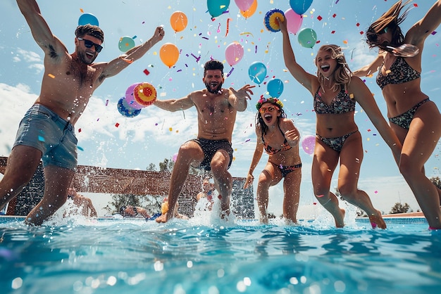 Sommer-Splash-Freunde springen in einen Pool