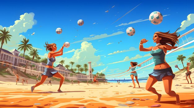 Sommer-Sport-Hintergrund mit Leuten, die Strandvolleyball spielen