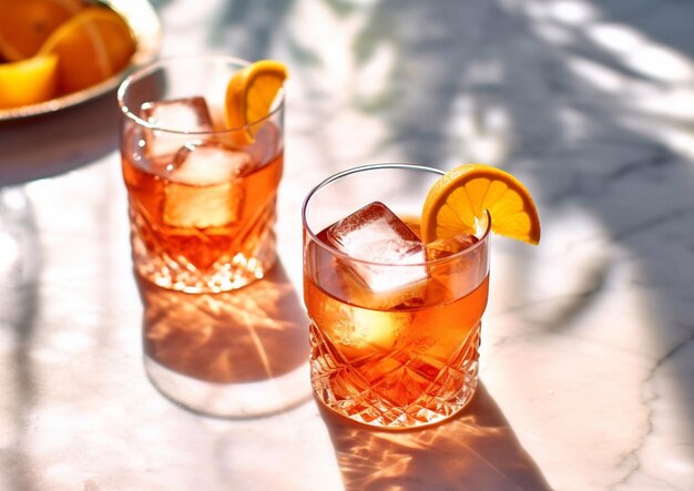 Foto sommer-spritz-cocktail mit prosecco und soda mit orangenstücke auf einem marmortisch an einem sonnigen tag