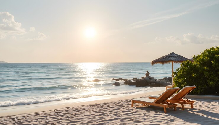 Foto sommer strand sonne und meer im urlaub isoliert mit weißen highlights