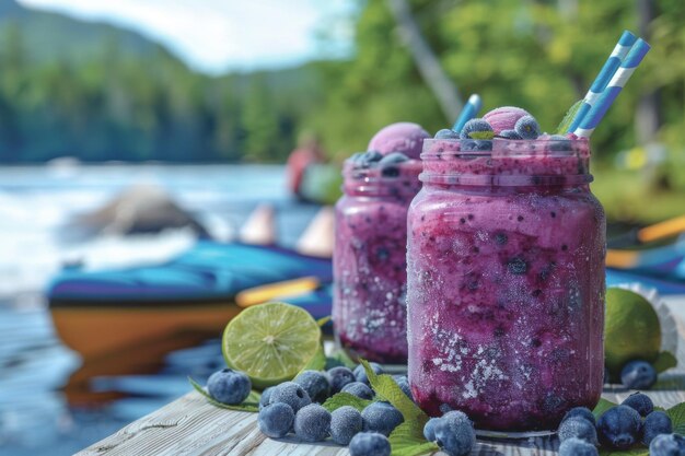 Foto sommer-szene am see mit gefrorener blaubeer-limeade