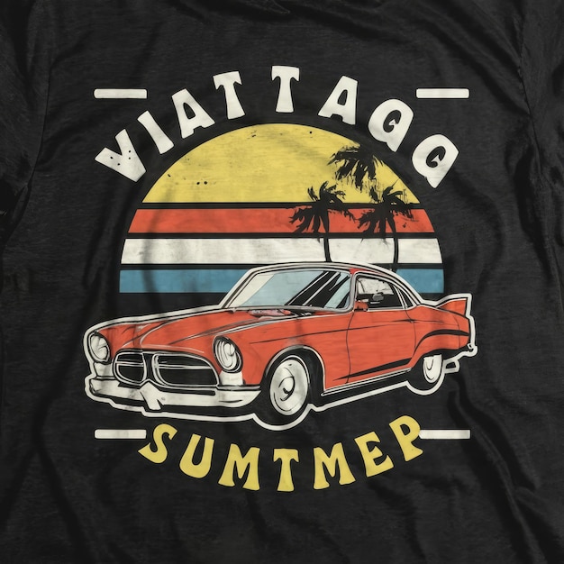Sommer-T-Shirt Klassische Vintage-Retro-Autos sind am Strand