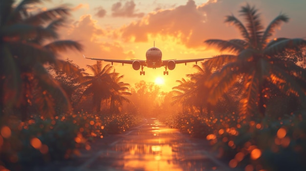 Sommer und Palmen mit einem Flugzeug, das im Hintergrund im Stil von Immersive fliegt