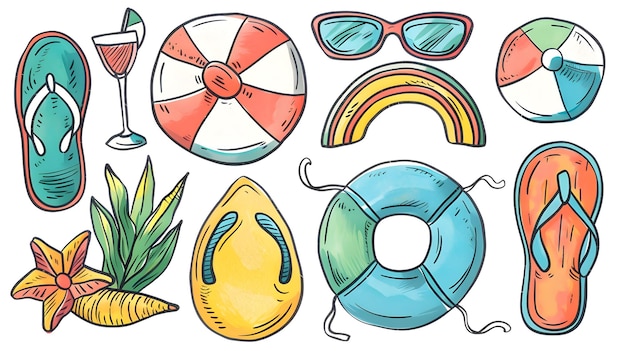 Sommer- und Poolaccessoires in lebendig handgezeichneten Bildern