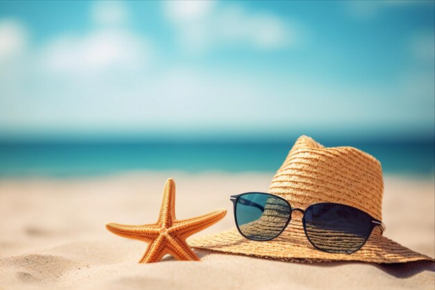 Foto sommer-vibes sandstrand vergnügt sich mit sternen-sonnenbrillen und blumenhüten