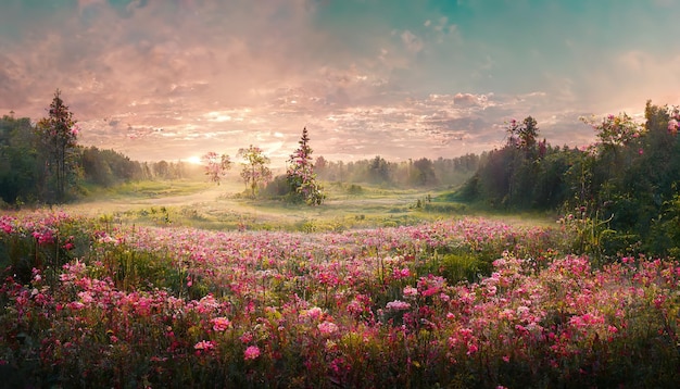 Sommerabend mit grünen Bäumen, blühenden Blumen und einem Feld unter dem Himmel mit strahlender Sonne und rosafarbenen Wolken 3D-Illustration