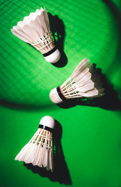 Sommeraktivität mit Federbällen für Badmintonspiel auf grünem, lautem Hintergrund mit hartem Licht und Schatten vom Schläger