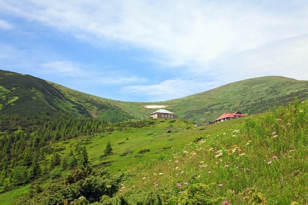 Sommerbergblick mit Blumen und etwas Schnee am Berghang (mit Wetter- und Biostationsgebäuden auf Chornogora Ridge, Karpaten, Ukraine)