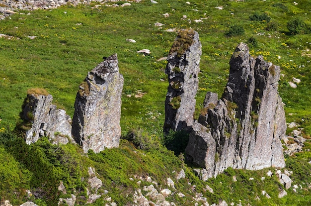 Sommerberghang mit malerischen Felsformationen Shpyci Berg Karpaten Ukraine