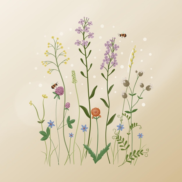 Sommerbild mit Wildblumen und Bienen