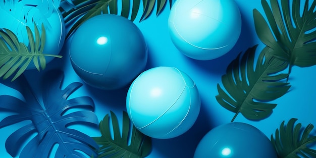 Sommerblaue Oberflächenkugeln im abstrakten Stil auf blauem Hintergrund Dschungellaubillustration Palmenblatttextur Wasserhintergrund Schöner Sommer exotischer tropischer Naturhintergrund