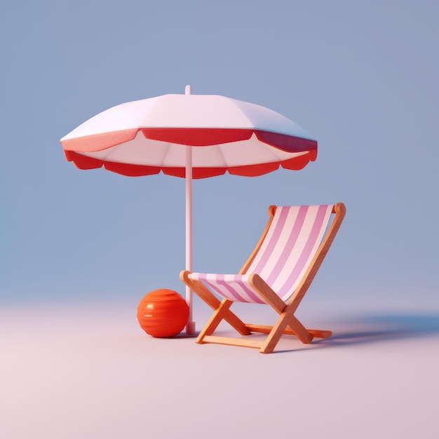 Sommerblauer Hintergrund Strandstühle Sonnenschirm 3D-Illustration