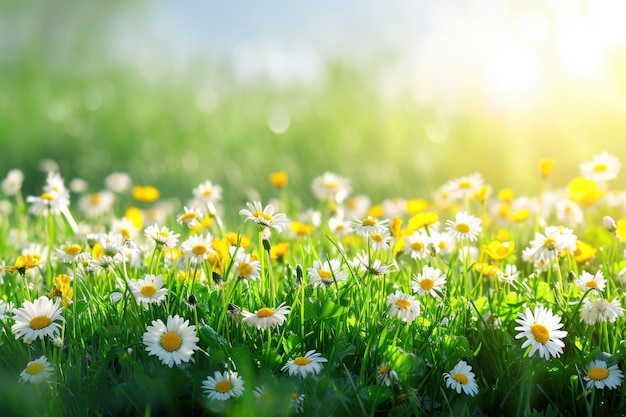 Sommerblumen im Gras im Morgengrauen, Panoramalandschaft