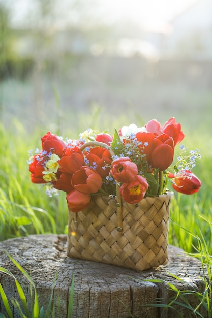 Foto sommerblumen im strohkorb