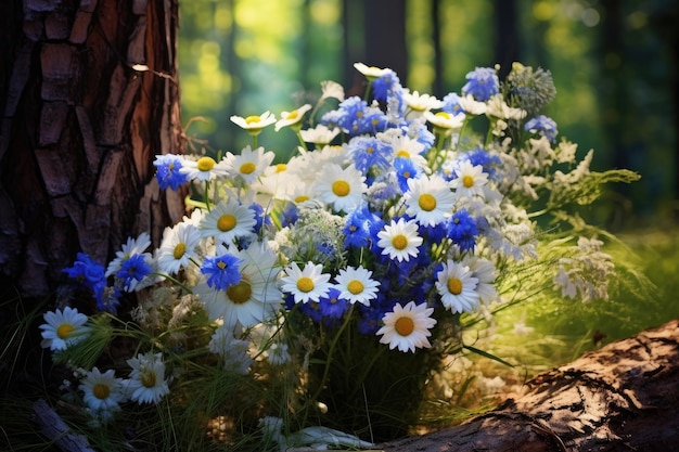 Sommerblumenstrauß aus weißen und blauen Gänseblümchen im Wald an einem sonnigen Tag