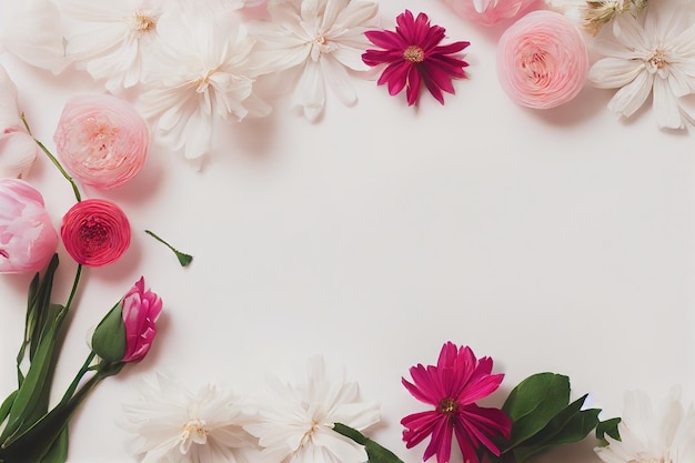 Sommerblumenstrauß aus weißen und rosa Blumen auf weißem Hintergrund