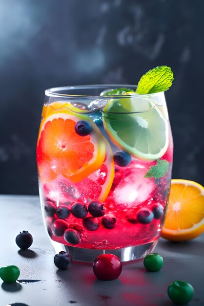 Sommercocktail mit Beeren und Zitrusfrüchten im Glas auf dunklem Hintergrund. Konzept für sommerliche Erfrischungsgetränke. Generierte KI