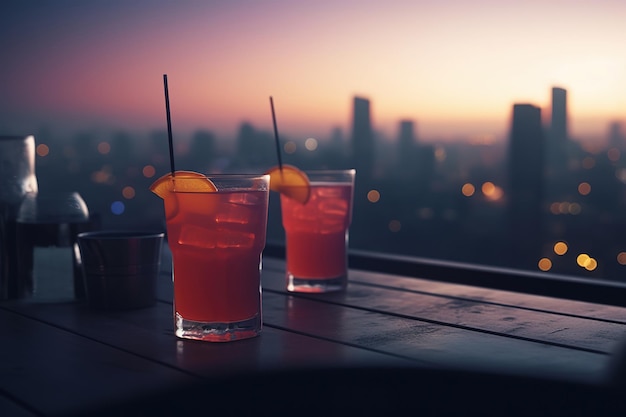 Sommercocktails in der Bar auf dem Dach mit Blick auf die Skyline der Stadt. Generative KI