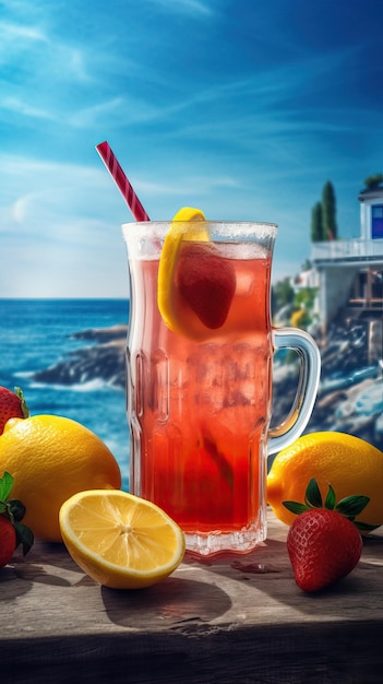 Sommereiskaltes Getränk mit Erdbeere und Zitrone Generative AI