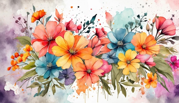 Foto sommerfarbige blumen auf einer mit aquarell bemalten wand, die von ki generiert wurde