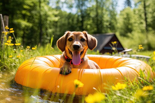 Foto sommerferien auf dem land, ein glücklicher hund schwimmt in einem aufblasbaren ring