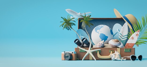 Foto sommerferien-reisekonzepte hintergründe mit vintage-koffer 3d-rendering