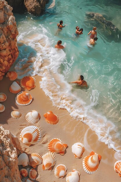 Sommerferien-Szene am Strand mit Menschen, die sich sonnen und spielen Festival-Hintergrund Layout Kunstdekor