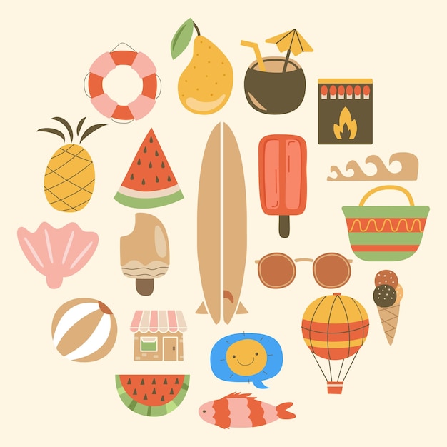 Sommerflachelemente Einfache Urlaubssymbole und Ikonen-Set Lagerillustration