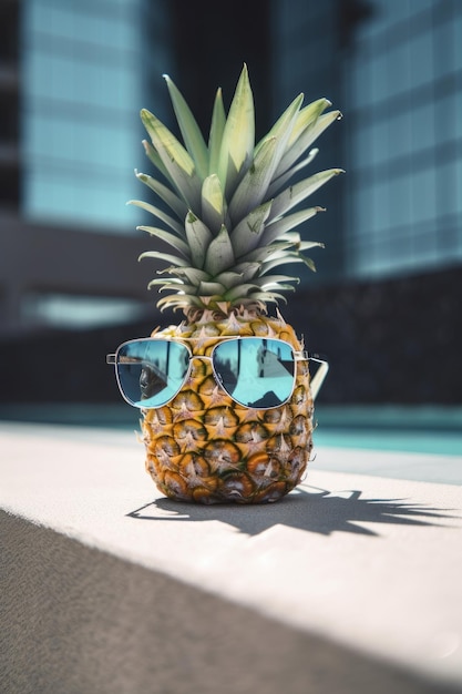 Sommerfrucht Lustige Ananas mit Sonnenbrille in der Nähe eines Swimmingpools Urlaubskonzept Generative KI