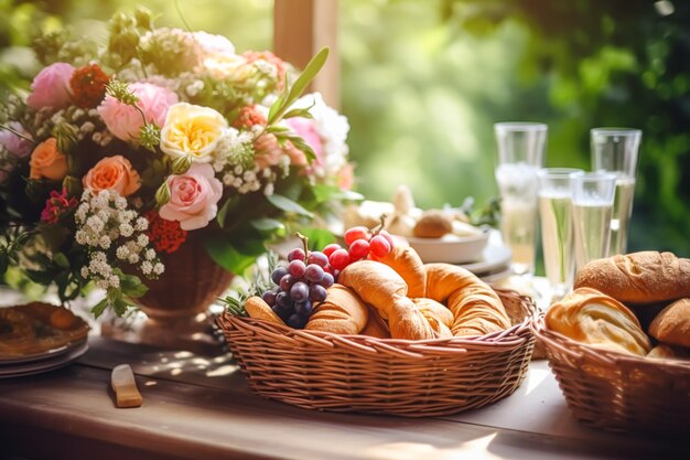 Sommergarten-Ernte-Bauernmarkt und Landbuffet-Tisch, Kuchen und Desserts im Weidenkorb im Garten, Lebensmittel-Catering für Hochzeits- und Feiertagsfeiern, Blumendekor-Idee