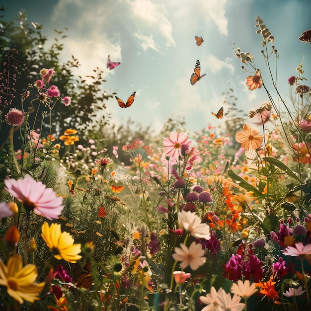 Sommergarten voller bunter Blumen und fliegender Schmetterlinge