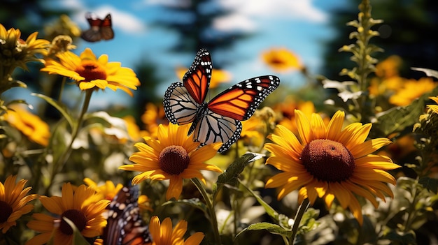 Foto sommergartenpfad sonnenblumen und schmetterlinge am mittag