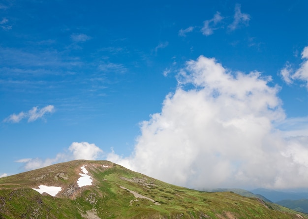 Sommergebirgspidge und Schnee am Berghang (Ukraine, Chornogora Ridge, Karpaten)