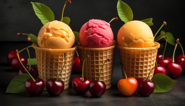 Sommergenuss-Gourmet-Eis mit frischen Beeren, generiert von KI