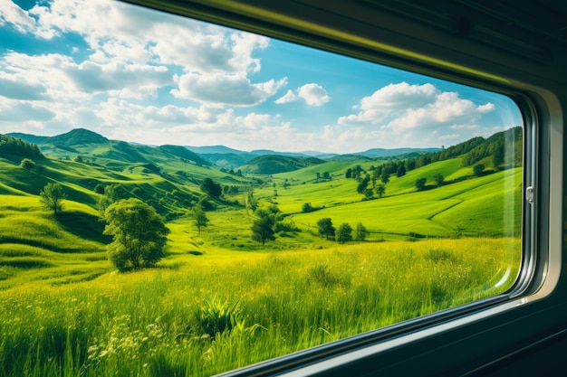 Sommergrüne Wiese aus dem Zugfenster generative KI