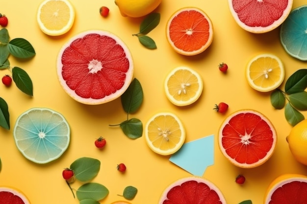 Sommerhintergrund Grapefruit zitronengelb flach legen Generative KI