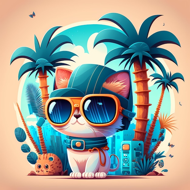 sommerhintergrund katze mit sonnenbrille mit strand und palmen