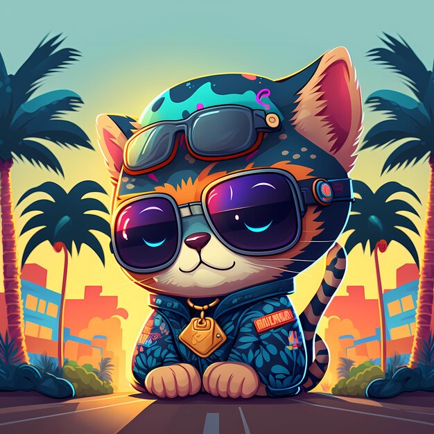 sommerhintergrund katze mit sonnenbrille mit strand und palmen