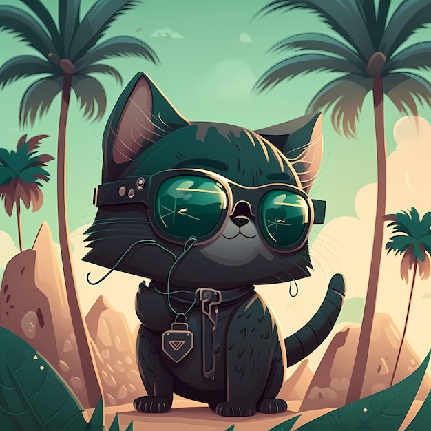 sommerhintergrund katze mit sonnenbrille mit strand und palmen