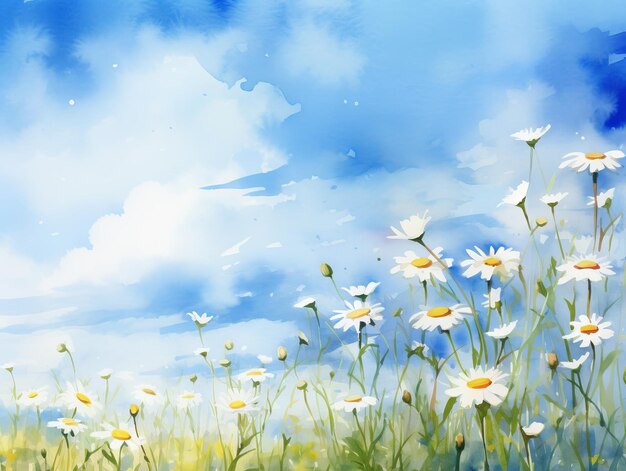 Sommerhintergrund mit Gänseblumen und Wolken Illustration Generative KI