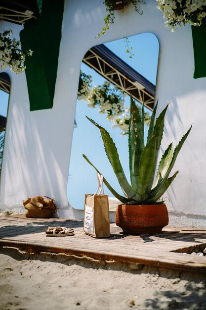 Sommerhintergrund, Strandtasche aus Spiegelagave und Flip-Flops.