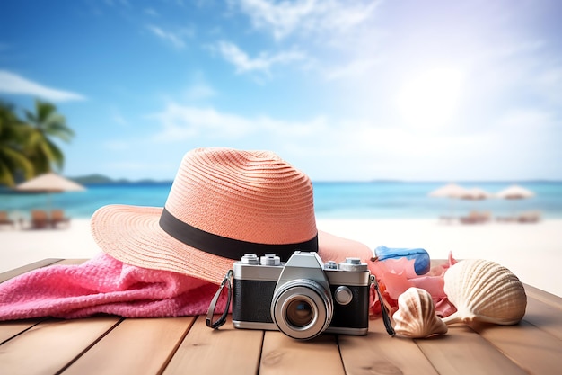 Foto sommeridee das konzept der strandaccessoires besteht aus einem vintage-kamerahut und einem haufen muscheln