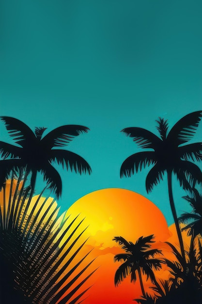 Sommerkarte Poster Flyer Einladungskarte Tropischer Hintergrund mit Palmen, Himmel und Sonnenuntergang