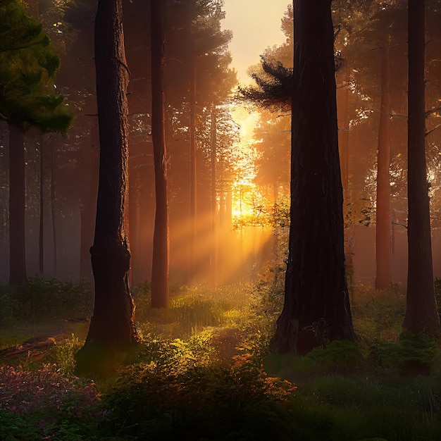 Sommerkiefernwald bei Sonnenuntergang oder Sonnenaufgang Sonnenstrahlen, die durch den Dunst zwischen Kiefernstämmen scheinen