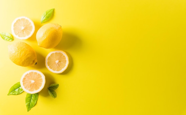 Sommerkomposition aus Orangen, Zitrone oder Limette auf pastellgelbem Hintergrund Fruchtminimalkonzept Flache Ansicht von oben Kopierraum