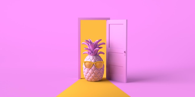 Sommerkonzept mit offener Tür und Ananas mit Sonnenbrille Kopierbereich 3D-Darstellung