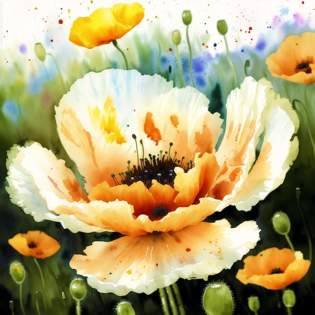 Sommerkonzept Wunderschöne Aquarell-Mohnblumen Ein strahlender Mohn Naturschönheit Generative KI