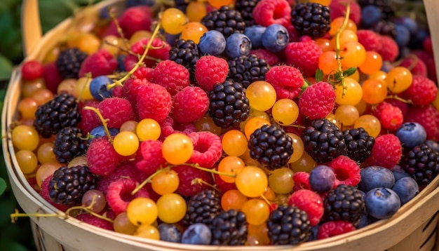 Sommerkorb mit reifen, saftigen Beeren für eine gesunde Ernährung, erzeugt durch künstliche Intelligenz