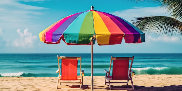 Sommerlandschaft der Küste mit farbigen Liegestühlen Sonnenliegen mit Sonnenschirmen von der Sonne Bunte Sommervorlage Konzept der Erholung Generative KI
