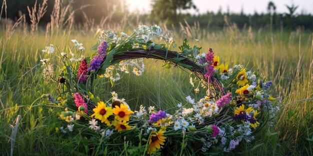 Sommerlandschaft eines Blumenkranzes auf dem Gras Bunte Sommervorlage Konzept der Erholung Generative KI